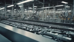 manufacturing plant with conveyor belts, robotic arms, and assembly line equipment controlled by Allen-Bradley Programmable Logic Controllers in the automotive industry.
